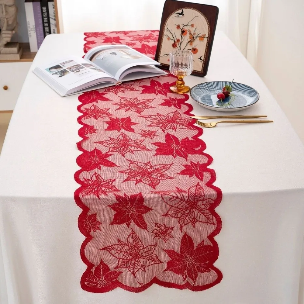 Maple Leaf Christmas Tree Table Runner Flower Long Christmas Table Flag Decorative Cloth Lace Xmas Tablecloth Restaurant