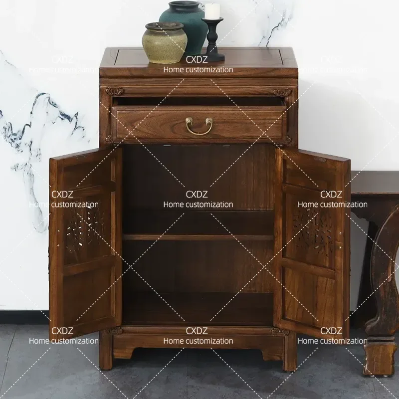 Chinese Traditional Carved Elm Wood Shoe Cabinet Classical Antique Style Storage Locker for Foyer Wine Display All Solid Wood