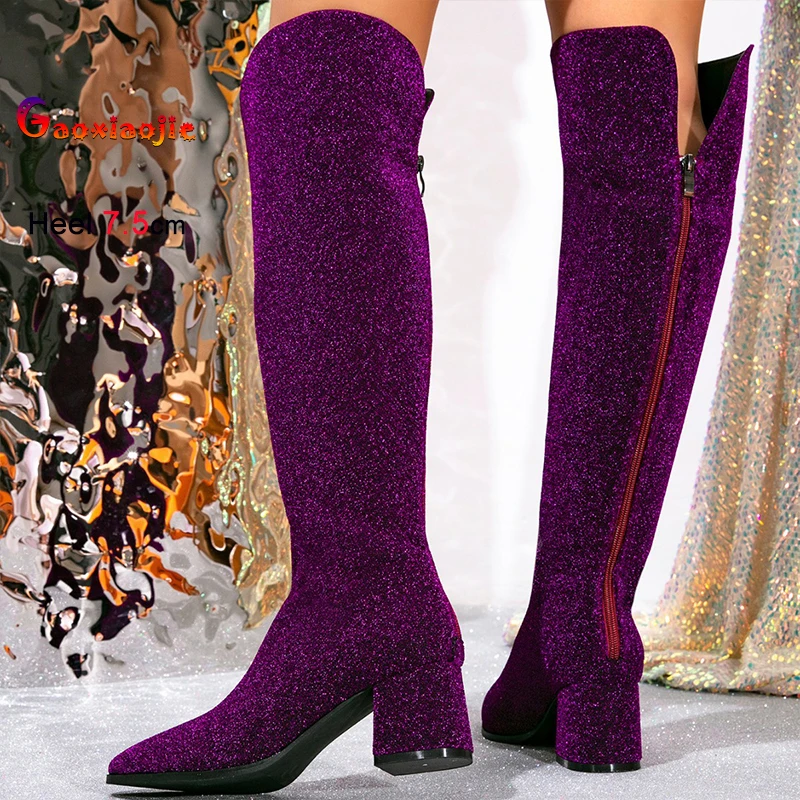 

Осень-зима, новые фиолетовые модные блестящие женские сапоги до колена, женские сапоги до колена на массивном высоком каблуке с острым носком, длинная обувь на молнии сзади