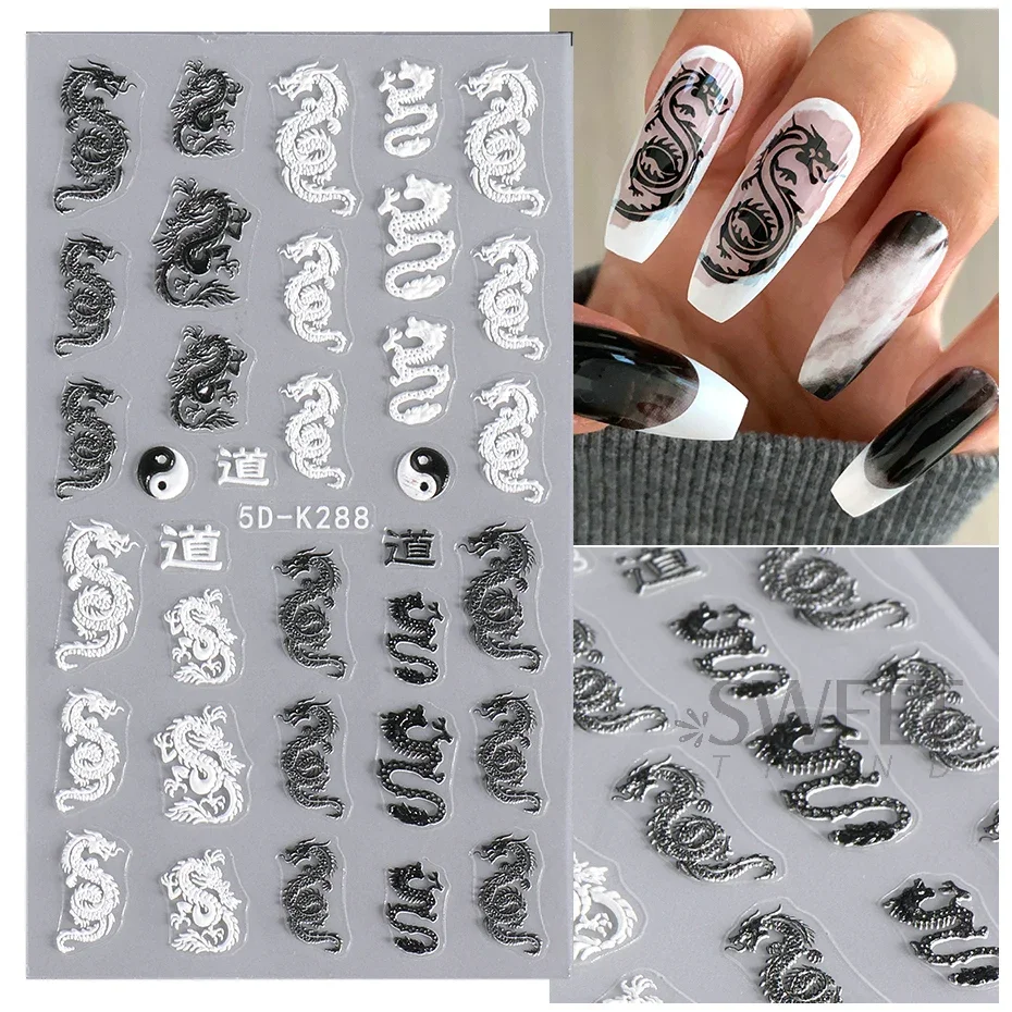 Dragon Snake Nail Relief Adesivos, Ano Novo, Personagem Chinês, Estilo Gótico, Decalques Festival Wraps, Manicure Embossed Decor Foils, 5D