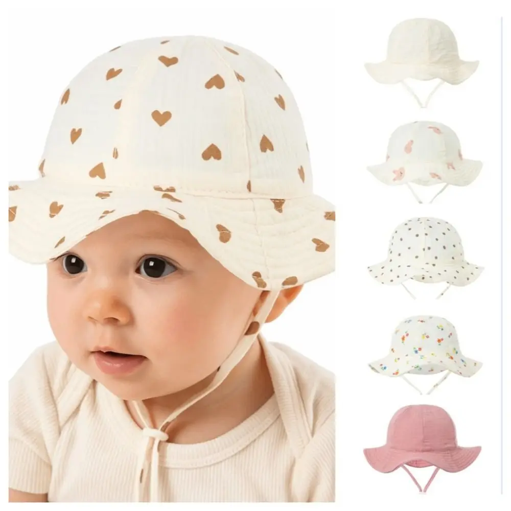 

Solid Color Cotton Infant Bucket Hat Love Heart Flower Sunhat with Strap Sunscreen Children's Fisherman Hat Boy