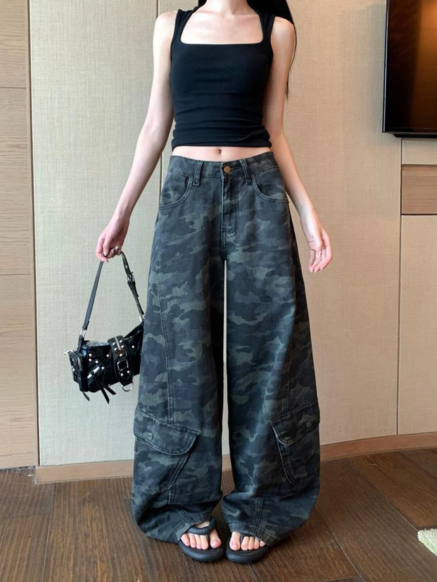 

Summer 2026 Women's Casual High Waist Wide Leg Jeans Camouflage Loose Fit Versatile Design Drapey Workwear Style Soft Fabric