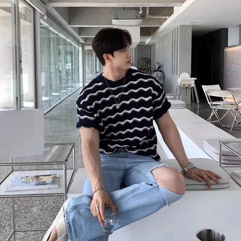 Men's Summer Short Sleeve Trendy Sophisticated Knitted T-Shirt with Intricate Hollow Out Jacquard Wave Stripes Craftsmanship​