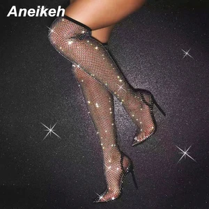 Aneikeh-Sexy Bling Rhinestone Mesh Shoes for Women, Above the Knee, Potted Finger Sandals, High Heel, Women's Boat, 2024 8 Main sales boot brightness - №8