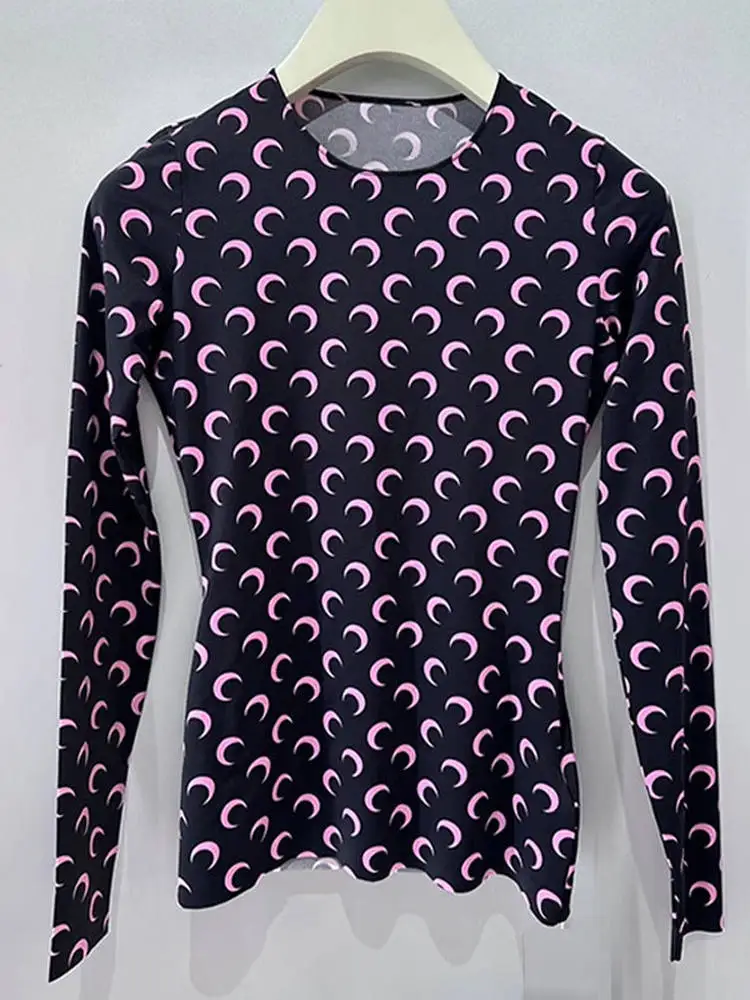 Ice Silk Moon Base Shirt round Neck Slim Fit Sunscreen Layering Fashion T-Shirt Trendy Top Casual Style Long Sleeve Printed