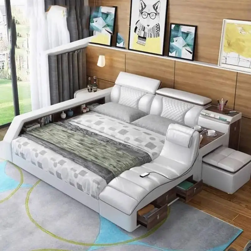Queen Nordic Bedroom Bed Frame Master Smart King Double Bed Frame Multifunctional Luxury Letto Matrimoniale Home Furniture