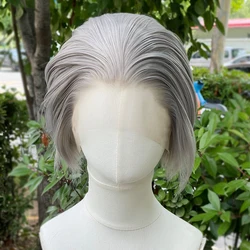 Natural Hairline Short Bob Cut Synthetic Lace Front Wigs for Women Cosplay Wigs for Men Silver Gray Glueless 13x4 Lace Wigs
