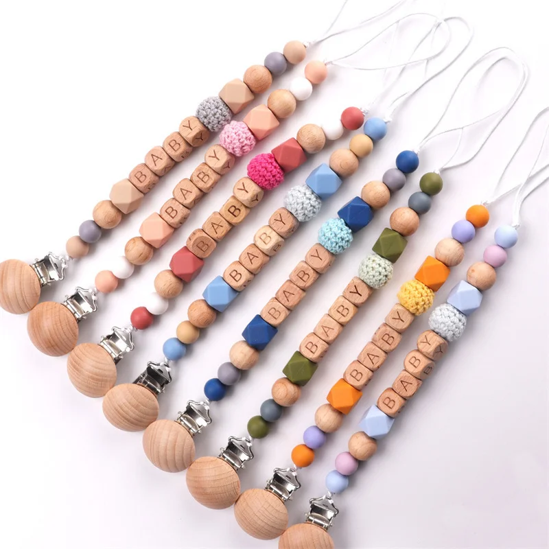 Customized Wood Pacifier Clip Beech Letter Beads Safe Teething Chain Personalized Name Baby Teether Dummy Clips Holder Toy Gift