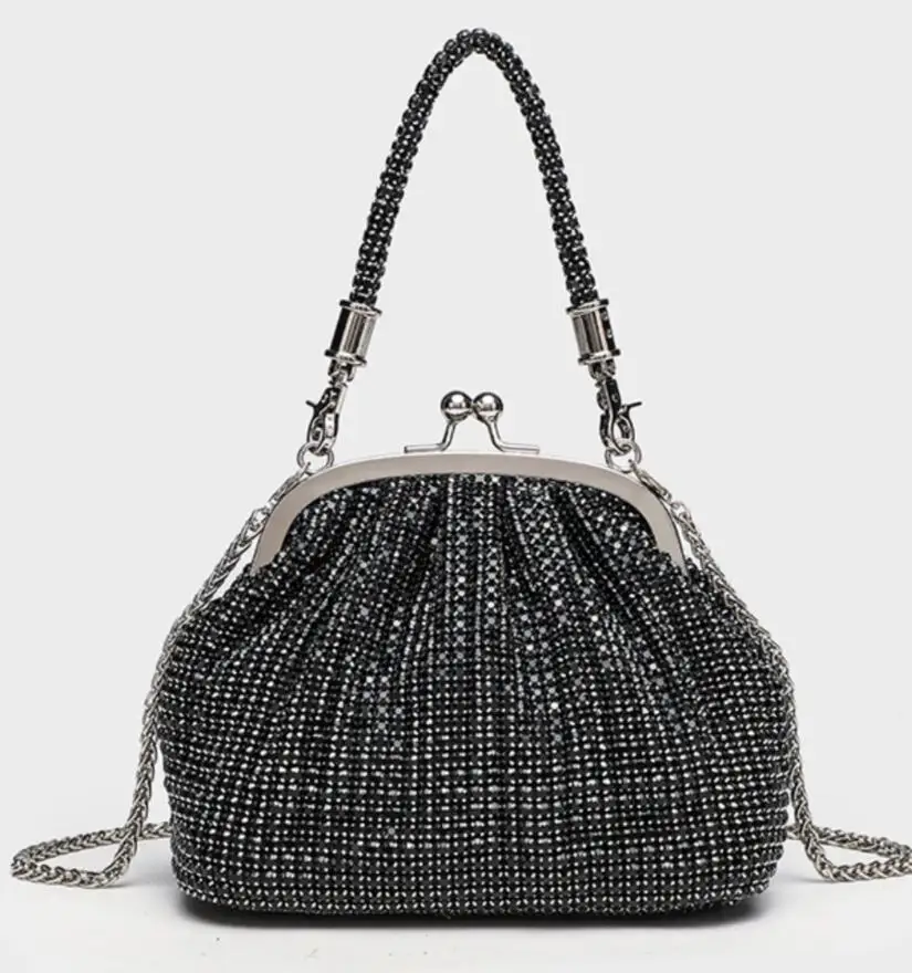 Bolsa feminina de noite incrustada de diamantes artesanal de alta qualidade, bolsa de concha de strass brilhante, bolsa crossbody de ombro único com corrente