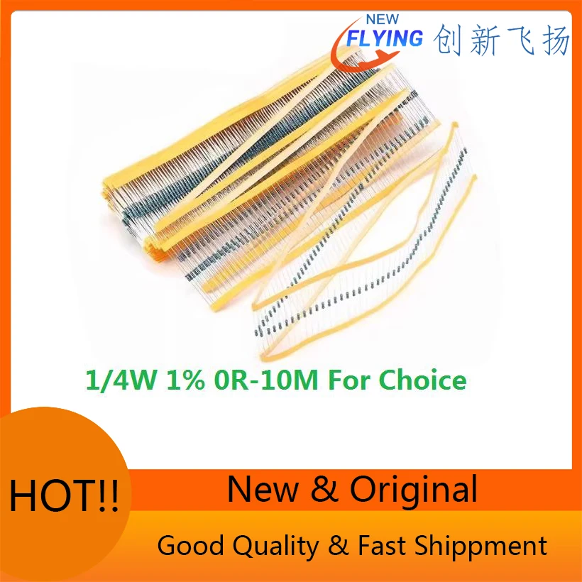무료 배송 100 개/몫 0.25W +-1% 10K 옴 220R 4.7k 2.2K 1K 100K 470K 360R 560R 820R 910R 1/4W 0R--10M 금속 필름 저항기