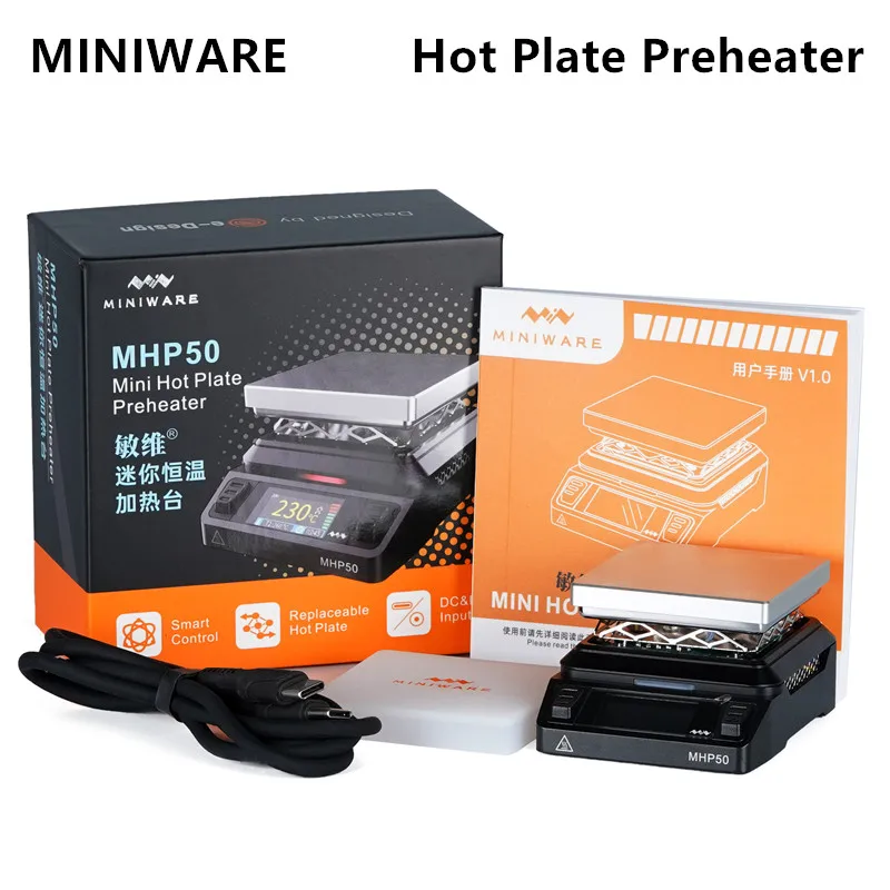 MINIWARE MHP50 Mini Hot Plate Preheater 50*50mm Heating Area Constant Temperature Heating Table 350℃ Intelligent Heating Tool