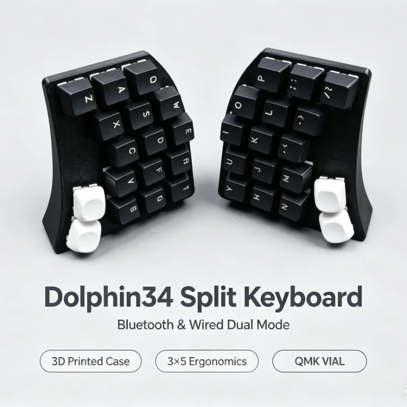 Dolphin34 Wireless Split Keyboard Ergonomics Hot Pluggable Zmk/vial Bluetooth Wired Dual-mode 3x5 Layout Programming Portable