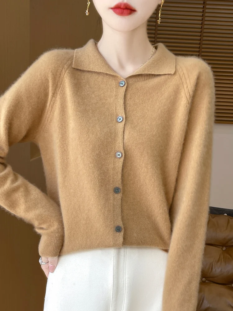 2024 New Women Cardigan Turn Down Collar Sweater Autumn Winter Long Sleeve Clothing 100% Merino Wool Knitwear Basic Grace Tops