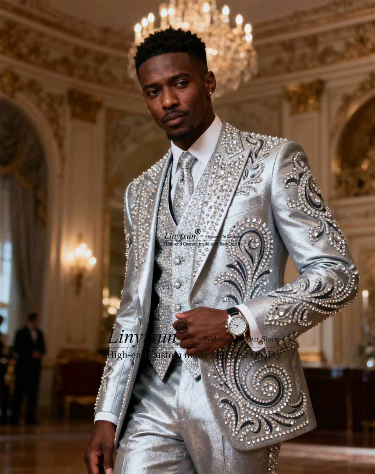 

Высококачественные мужские костюмы со стразами, облегающие блестящие костюмы для свадебной вечеринки, мужские костюмы из трех предметов по индивидуальному заказу, мужские пиджаки для выпускного вечера