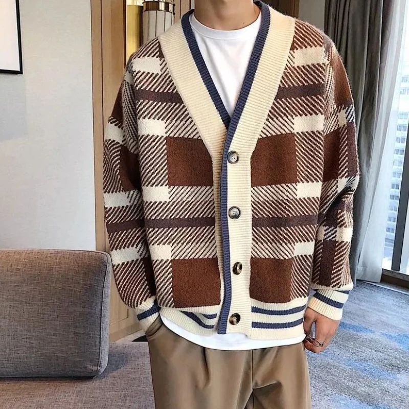 

Мужской свободный вязаный кардиган — повседневный свитер большого размера в корейском стиле, теплая верхняя одежда из плотной пряжи, модный топ свободного покроя