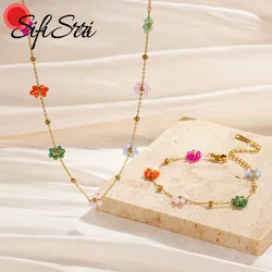 Sifisrri Vintage Color Flower Beads Chain Necklace Bracelet Jewerly Set for Women Stainless Steel Fashion Valentine's Day Gift