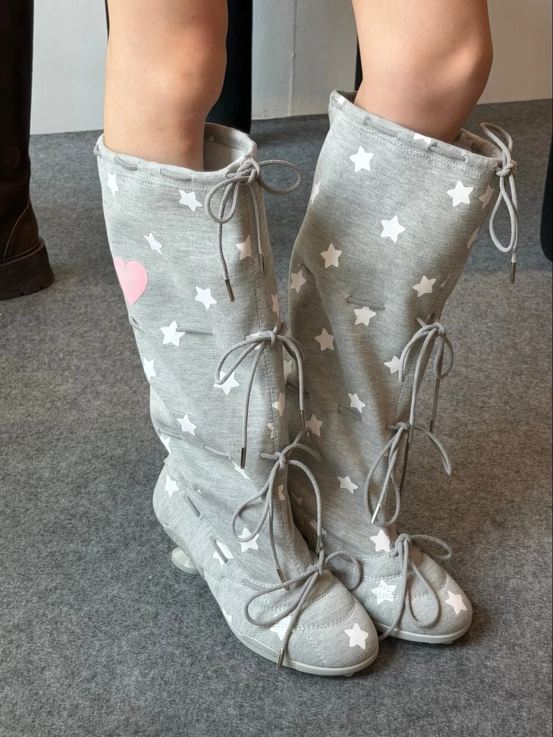 Korean Style Star Tie Long Boots Women's round Head Low Heel Fashion Boots Summer New High Tube Booties Elastic Fabric