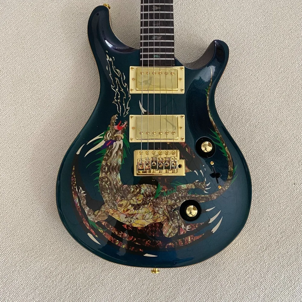 Deep Blue Dragon Inlay 6 String Electric Guitar Solid Mahogany Body Gloss Finish Custom Dragon Shell Artwork Gold Playability for Collectors and Live Music Show