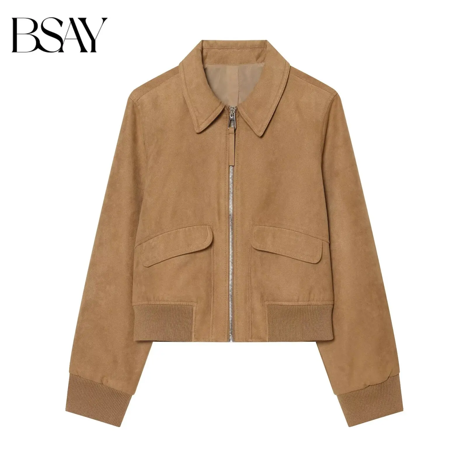 BSAY New Vintage Fashion Women Pilot Bomber Jacket Lapel Collar Full Zip Cropped Jacket Ribbed Hem Street Style Casual Outerwear