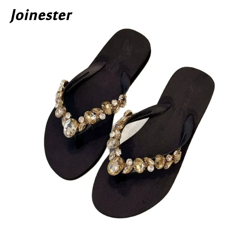 

Women Flat Heeled Fashion Flip Flops with Artificial Rhinestone Girls Casual Beach Slipper Non-Skid Summer Footwear
