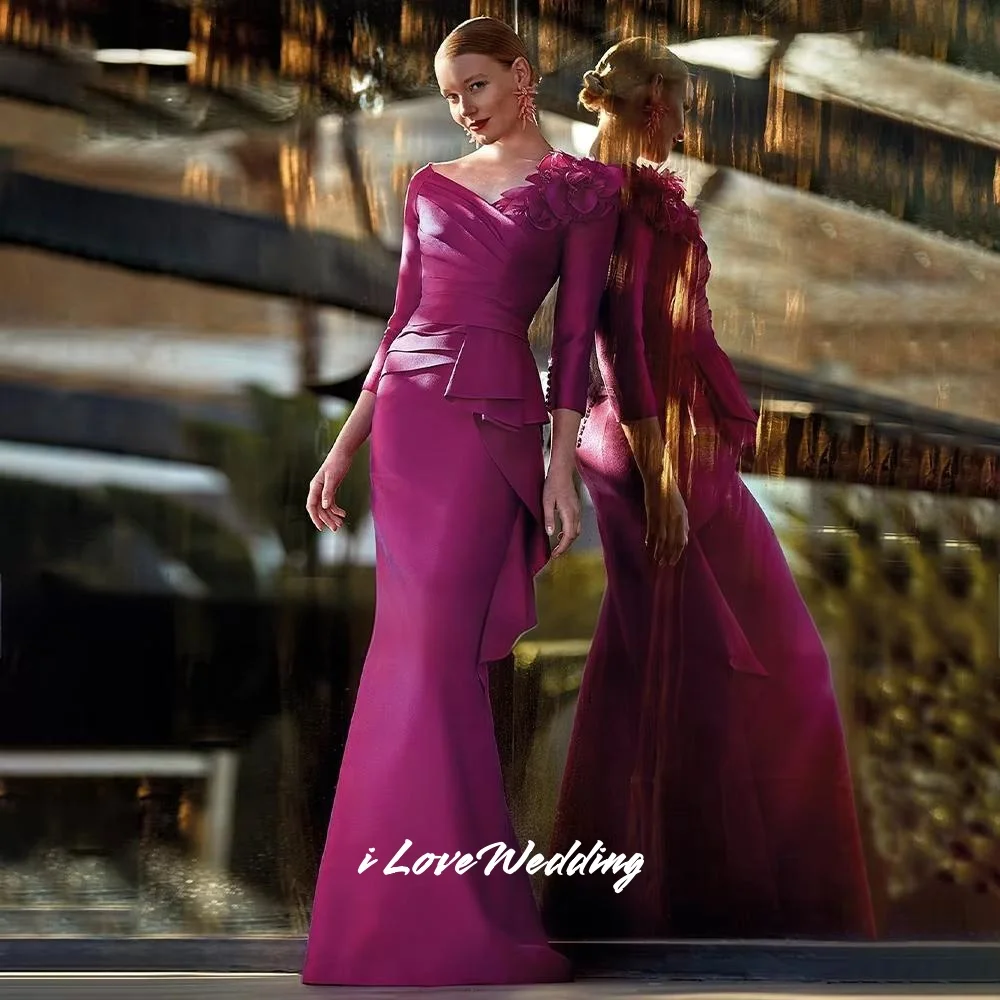 

Fuschia V-Neck Evening Dresses 2025 Three Quarter Sleeve Flower Button Mermaid Sweep Train Floor-Length Pleated Dress Customized