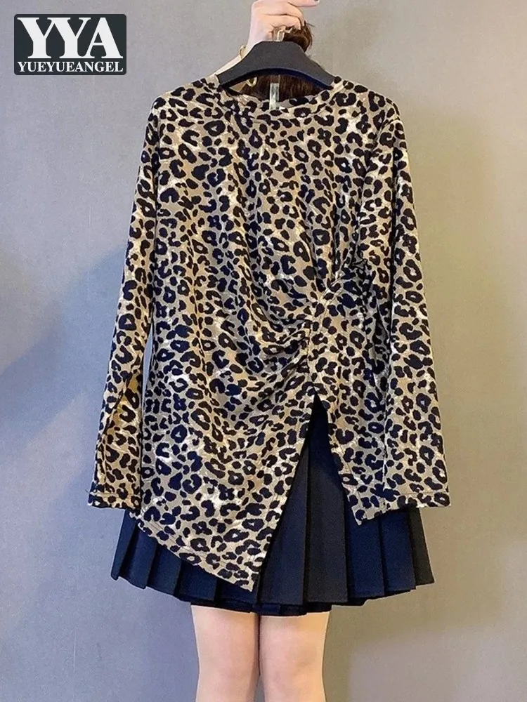 

Women Leopard Long Sleeve Top Mini Skirt Two Piece Set Pleated Split T-Shirt Spring Women Outfits Size 3XL-6XL Matching Sets