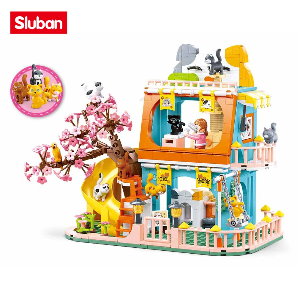 Sluban Building Block Toys Girls Dream Pink Series B1089 Cat House Pet Shop 521PCS Bricks Compatbile With Leading Brands