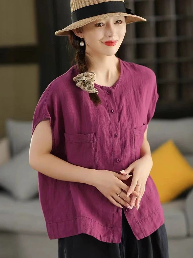 

Женская повседневная льняная рубашка, Новое поступление, лето 2025, винтажный стиль, свободные женские топы с короткими рукавами и круглым вырезом, двойные карманы T642