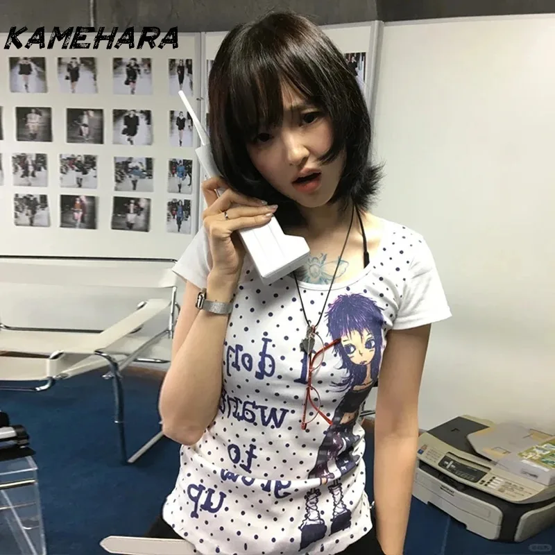 

KAMEHARA Harajuku Print T Shirt Women Short Sleeve Slim Y2k Japanese Grunge Tops 2000s Aesthetic Fairycore Tee Tops Streetwear