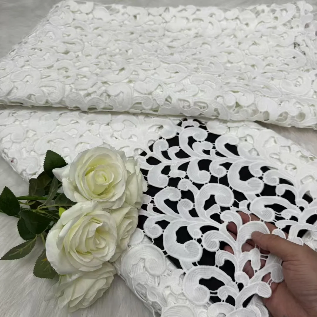 Latest Lace Fabric High Quality 2025 5 Yards White Lace Labric Luxury African Fabrics Guipure Lace Fabric Wedding Dress A1255-1