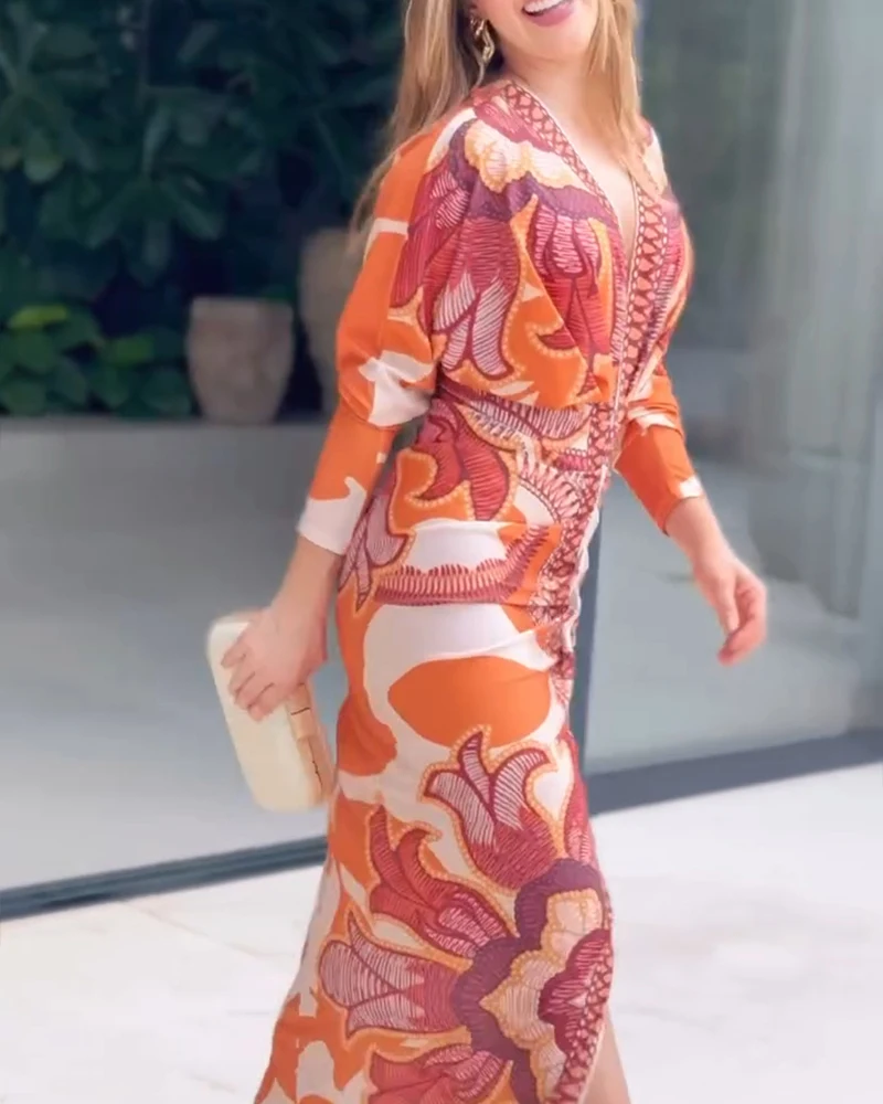 فساتين راقية نسائية 2025 صيف أحدث خمر الباروك كم طويل Bodycon فستان عادية يغرق الخامس الرقبة سليم صالح ميدي فستان