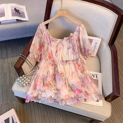 Women's summer plus size casual chiffon shirt layered wooden ear edge lace decorative double chiffon fabric girl style home top