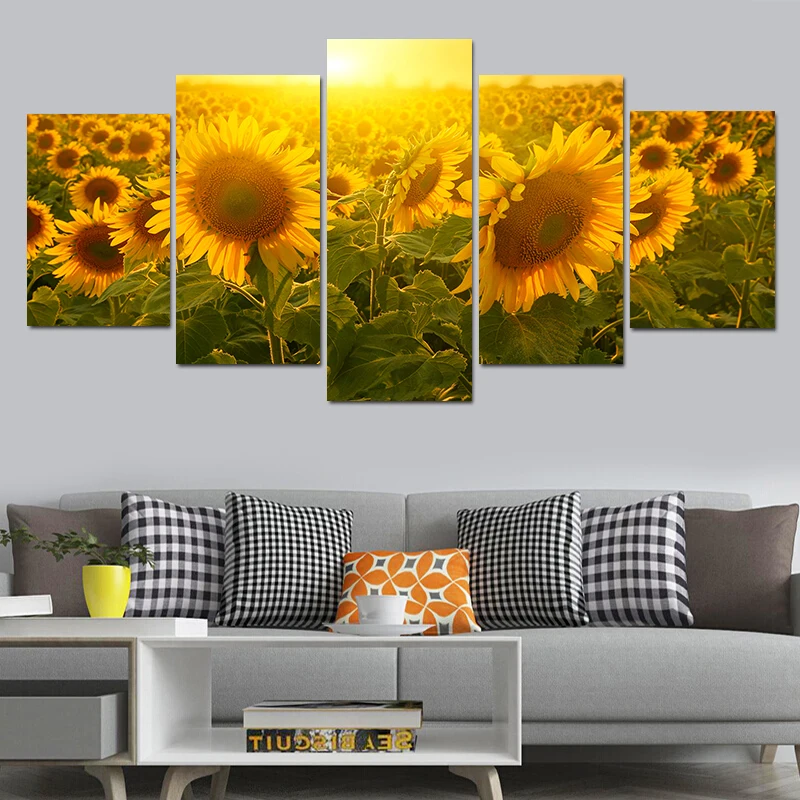 5 Pieces Sunflower Field At Sunset Sunshine Landscape Poster Canvas Painting Wall Art For Living Room Bedroom Home Decor Cuadros