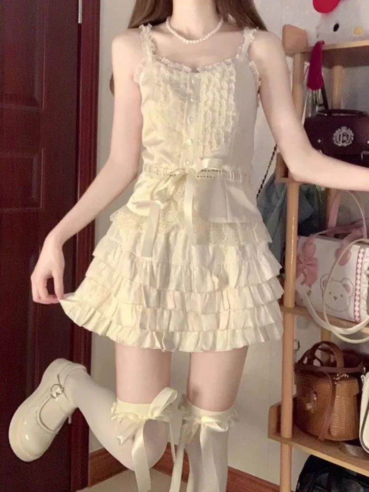 

Japanese Kawaii Party Two Piece Set Women Korean Fashion Sweet Skirt Suit Female Lace Tank Tops ＋ Cake Mini Skirt Summer 2023