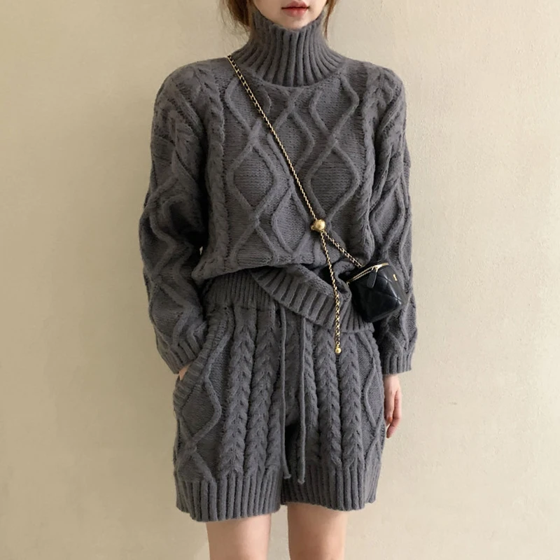 

Retro High Collar Diamond Pattern Knitted Sweater High Waist Belted Casual orts Set Chic Autumn Faion for Young Women