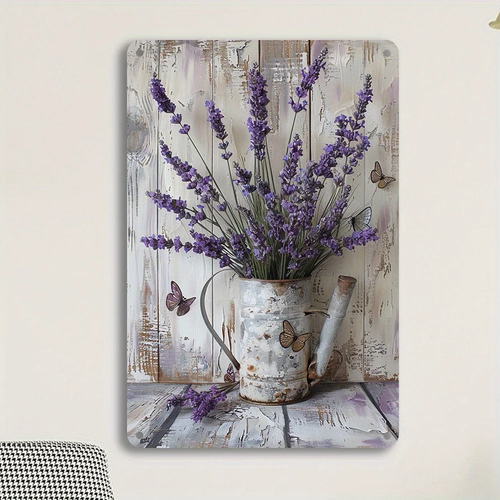 Targa da parete in ferro color lavanda e farfalla, decorazione da parete per interni ed esterni, design durevole con fiori e libellule, 8 x 12 pollici