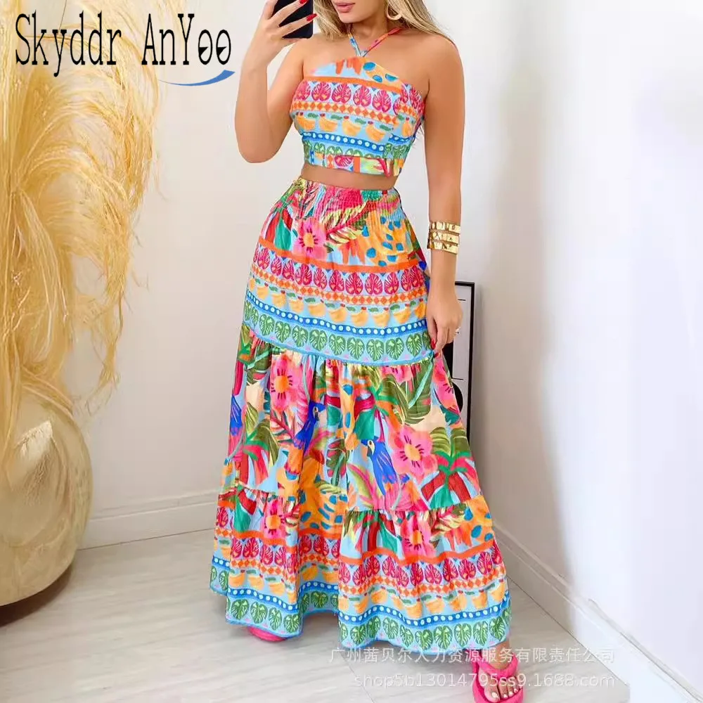 

2024 Summer Boho Vintage Printed Two Piece Sets For Women Sexy Halter Sleeveless Cropped Tops And Maxi Long Skirts 2 Piece Sets