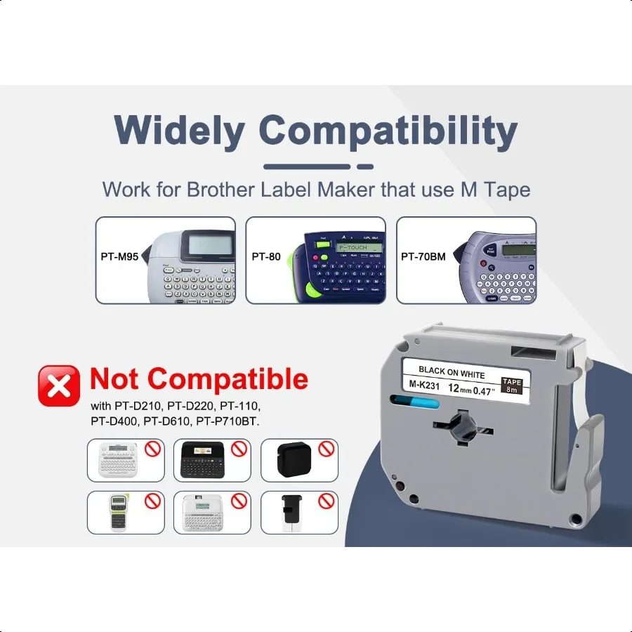 MK231 라벨 테이프 화이트 브라더 푸치 M 테이프 대체품 12mm 0.47 화이트 MK231 MK231s M231 라벨 메이커 PT65 PT85 PT용 리필