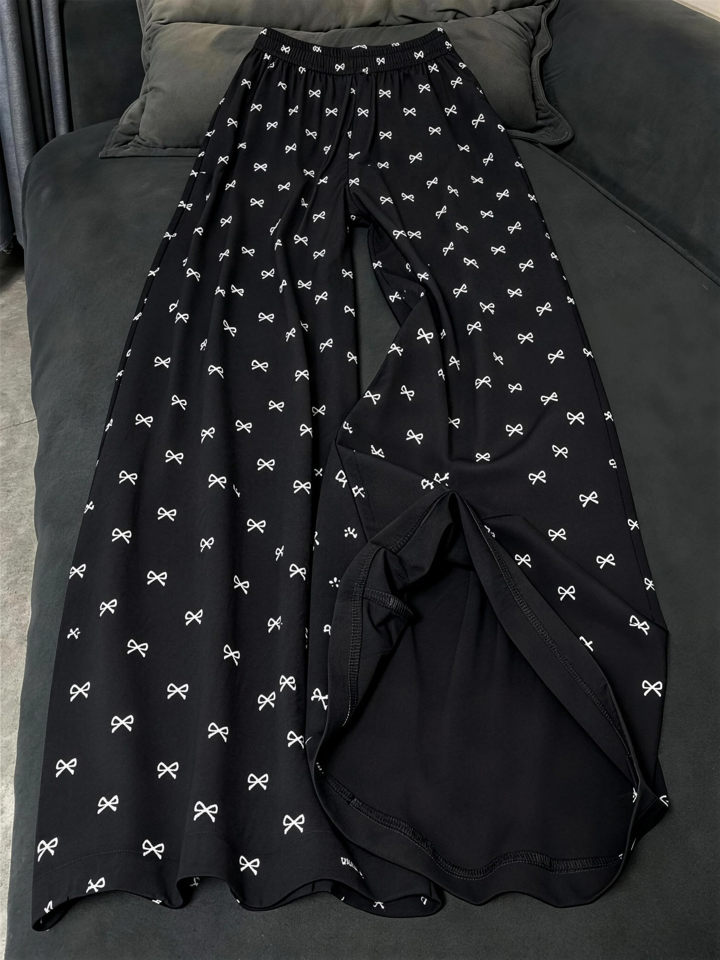 

Ice Silk Knot Wide Leg Pants Women Summer Thin Lazy Home Sleepwear Casual Outerwear Long Trousers Small Size
