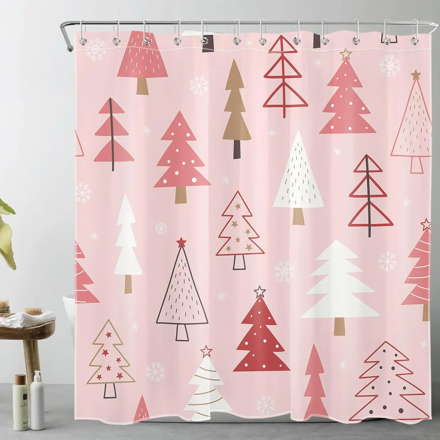 

Рождественская занавеска для душа для ванной комнаты, рождественская сосна, лес и белая снежинка на розовой занавеске для душа с крючками, зимняя ванная комната