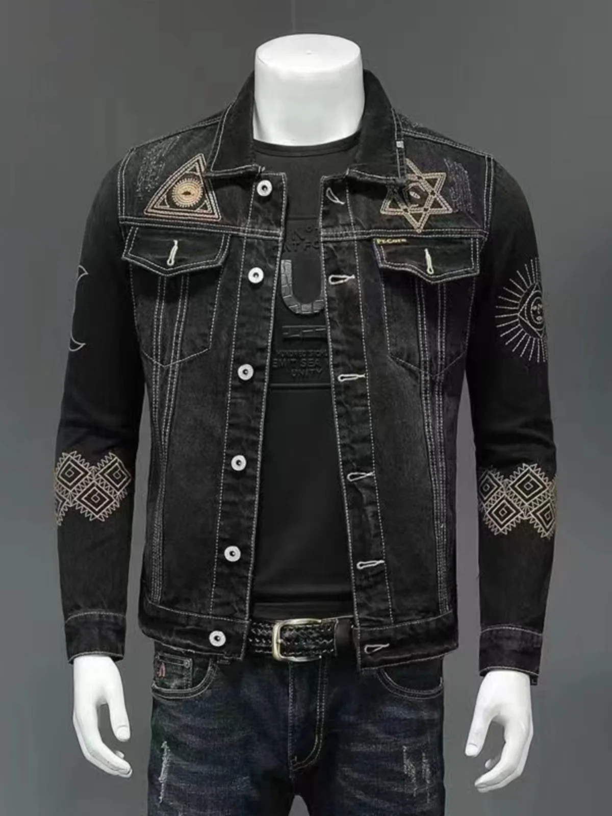 

High-End Embroidered Slim Fit ort Jeans Jaet for Men Faionable Motorcycle Sle Autumn Winter Coat Youth ular Long S...