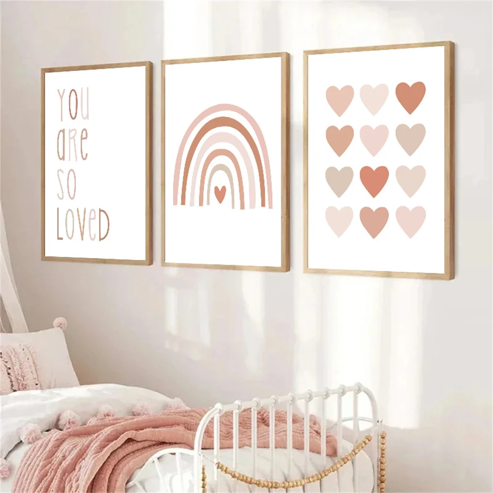 Cartoon Heart Rainbow Pink Wall Art Posters Canvas Painting Nursery Print Pictures Nordic Wall Paintings Baby Girls Room Decor