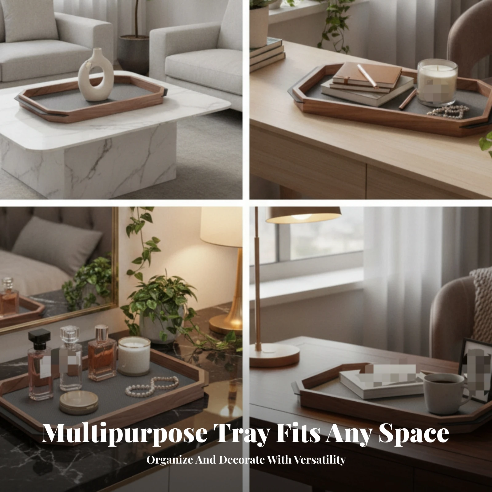 Octagonal Wooden Tray Household Item Raised Sides Wood Serving Tray Multiuse Lightweight Table Decor