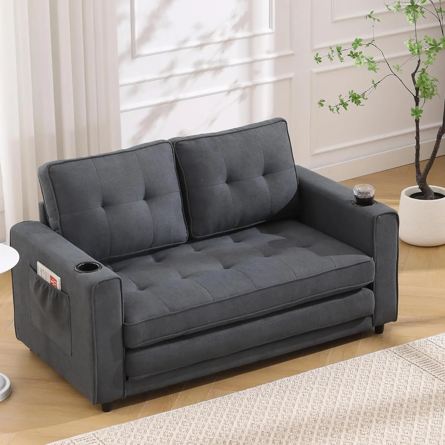 3 Fold Tufted Upholstered Futon Sofa Bed Modern Convertible Foldable Loveseat Floor Sofabed With Pull Out Sleeper Couch Daybed