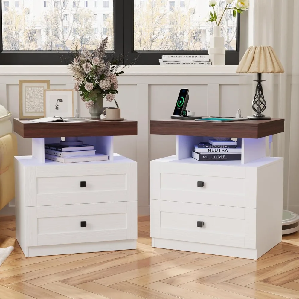 

Farmhouse LED Nightstand Set of 2, Bedroom Side Table with Charging Station, Rustic End Table with Drawers for Bedroom