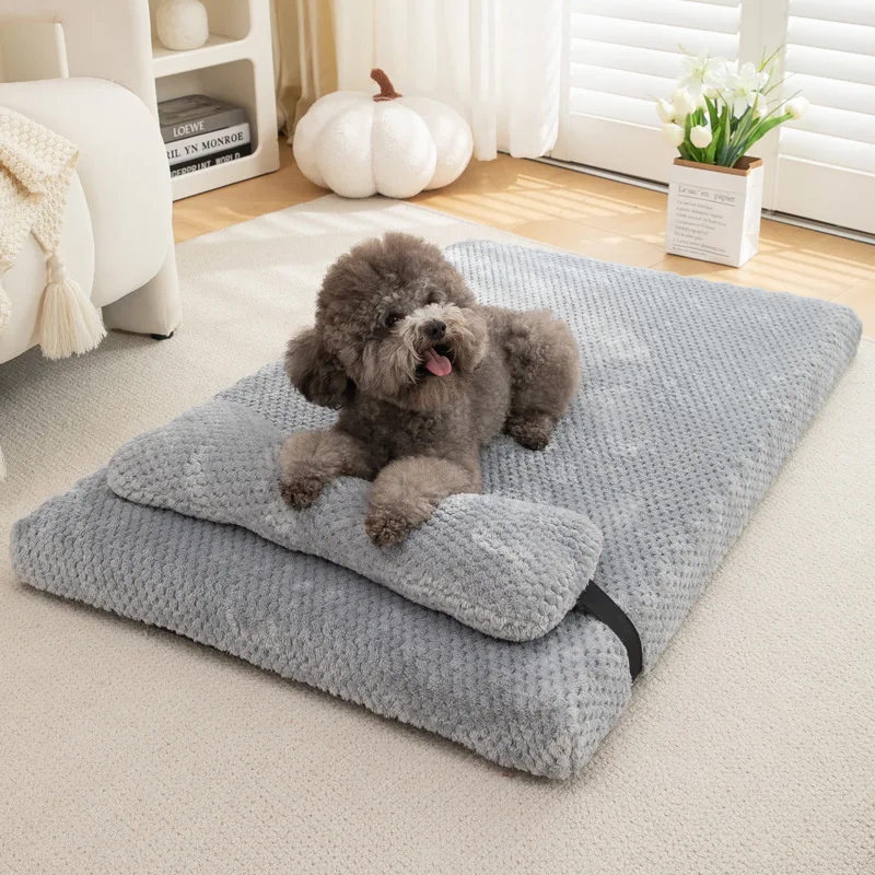 Warm Calming Dog Bed with Pillow Fluffy Plush Dog Mat for Dog with Removable Washable Cover for Large Medium Small Dogs and Cats