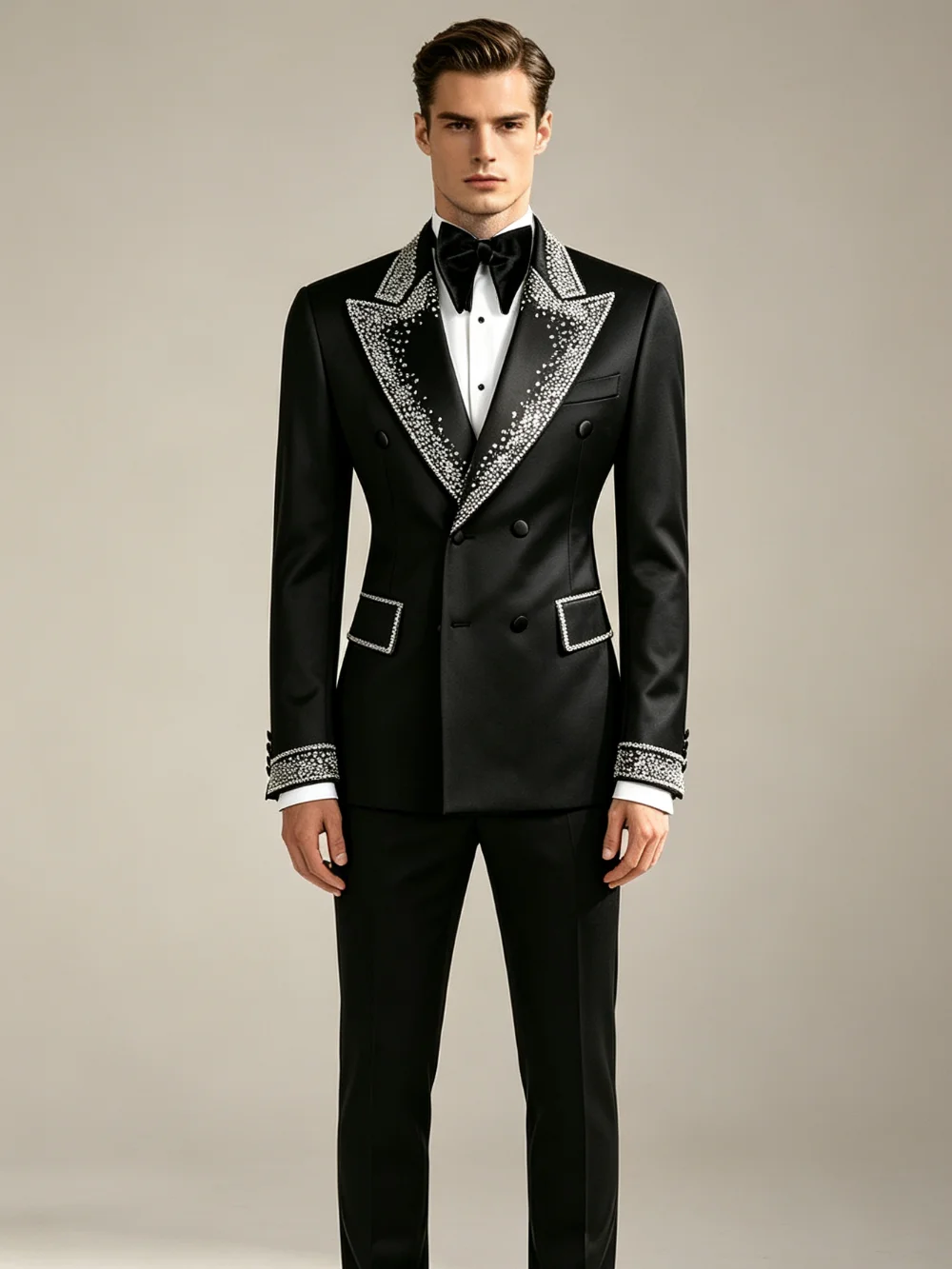 Gorgeous Men Jacket Beaded Peaked Lapel Double Breasted Tuxedos Groomsman Wear 1 Piece Customized Formal Party Coat