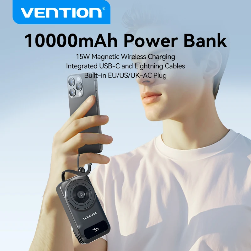 Vention ank mAh Power Bank-شحن سريع لاسلكي محمول مع كابل مدمج قابس تيار متردد لهاتف iPhone 12 13 14 15 16 Pro Max Xiaomi Samsung Tablet