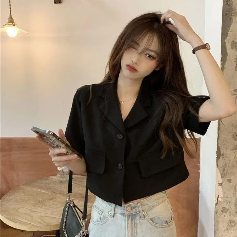 Short Sleeve Blazers Women Vintage Stylish New Popular Temperament Notched Harajuku Summer All-match Office Ladies Solid Cozy