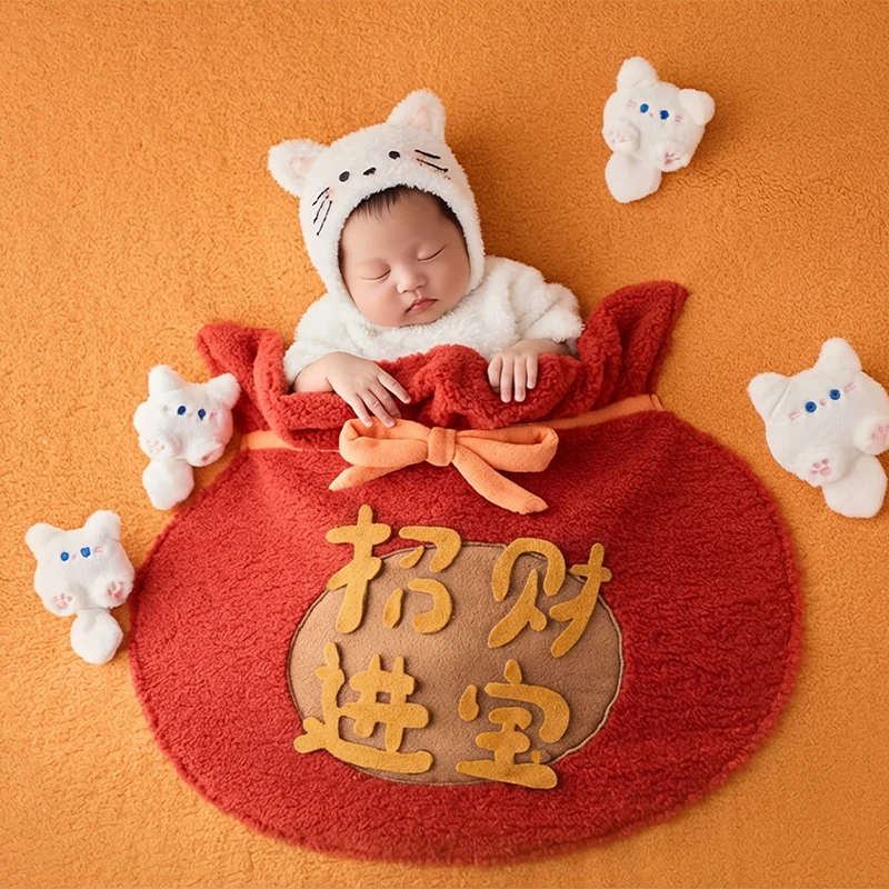 Lucky Cat Style Baby Romper with Hat Newborn Photography Prop Red Envelope Pocket Blanket New Year Theme Baby Photoshoot Outfit